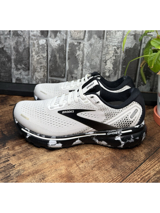 Brooks Shoes - Brooks Ghost 14 Women’s White/Black Camo Lace-Up Mesh Sneakers